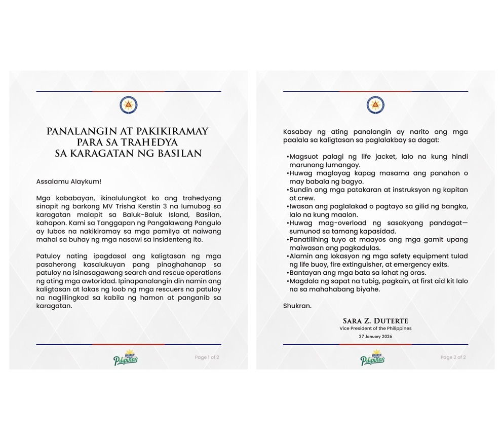 VP Sara offers prayers, condolences after Basilan Sea tragedy